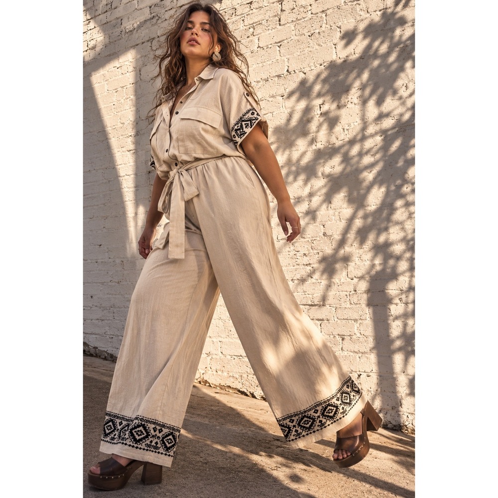 Savanna Jane Beige Cotton Embroidered Jumpsuit Boho Utility 1X